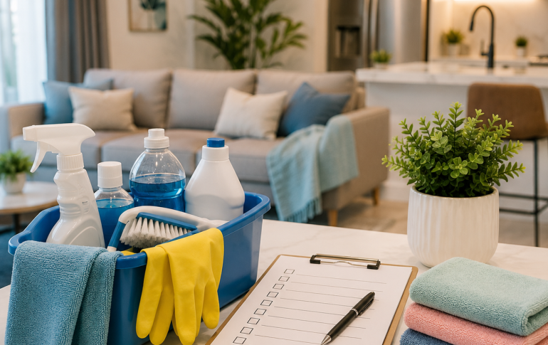 Professional cleaner following a home cleaning checklist in a modern Dubai apartment