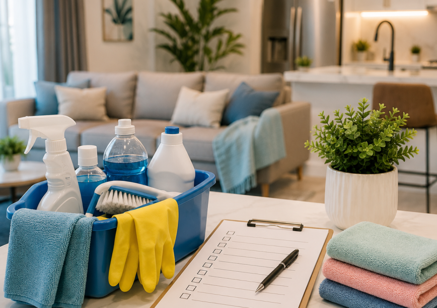 Professional cleaner following a home cleaning checklist in a modern Dubai apartment