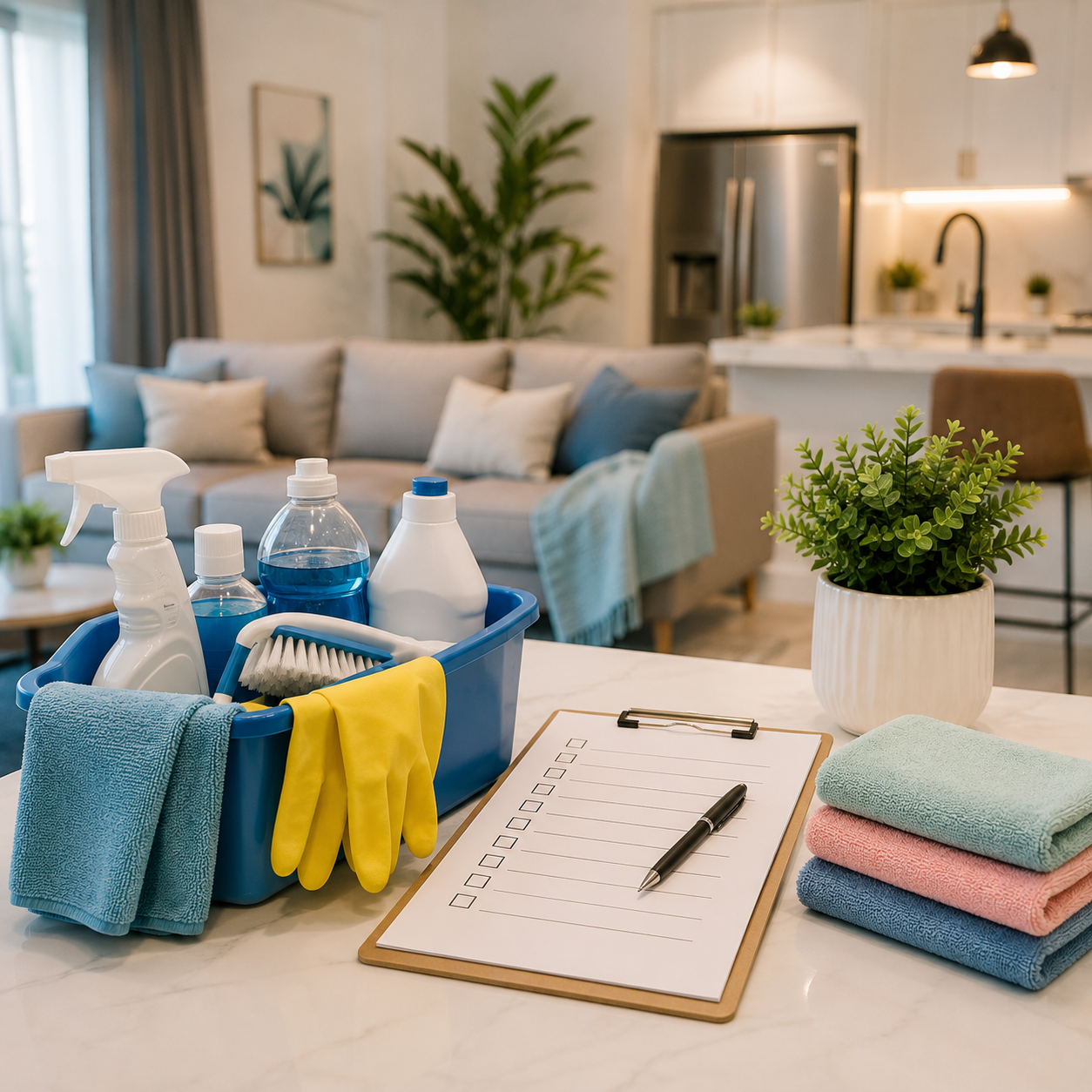 Professional cleaner following a home cleaning checklist in a modern Dubai apartment