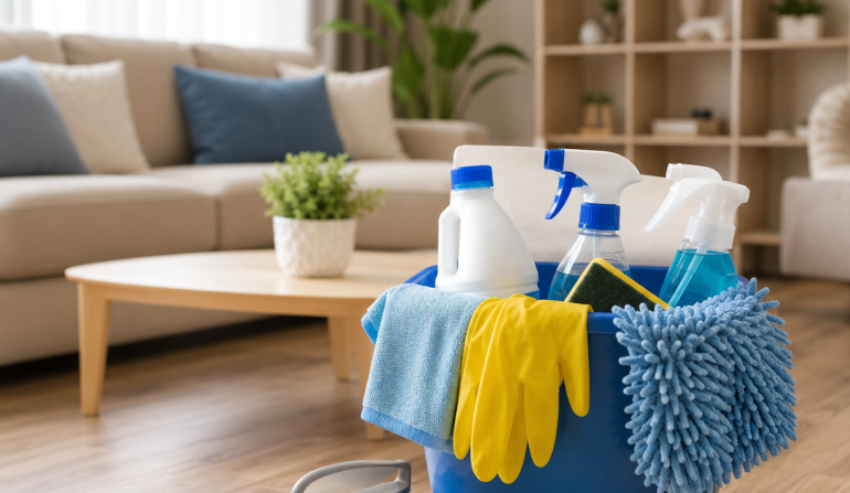 Professional cleaner maintaining a clean and organized modern home in Dubai