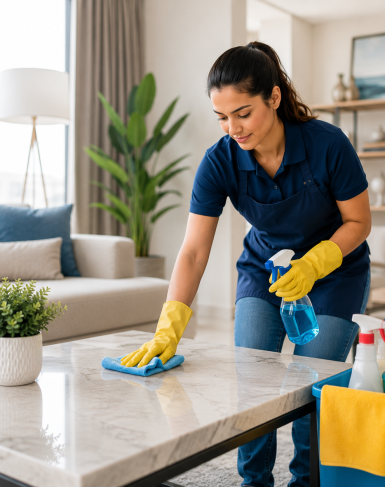 Professional cleaner using effective cleaning methods in a modern Dubai home