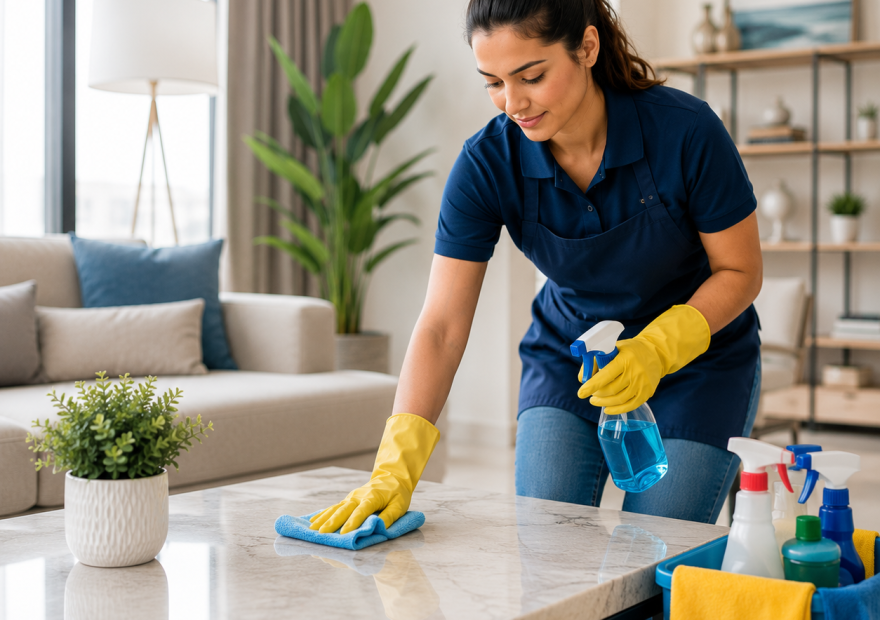 Professional cleaner using effective cleaning methods in a modern Dubai home