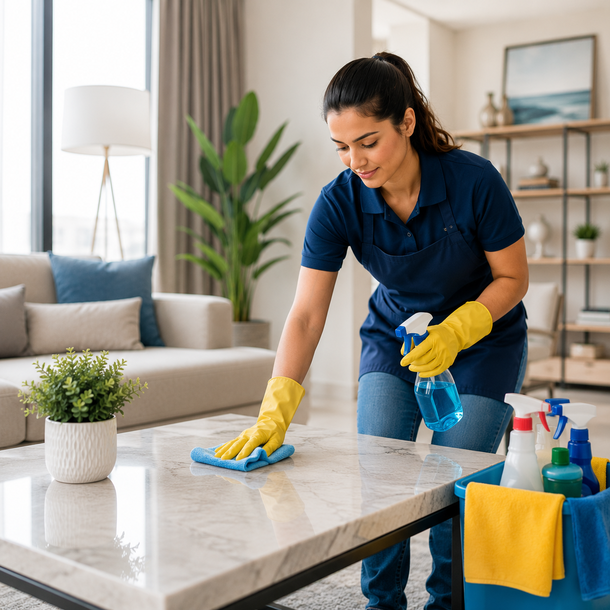Professional cleaner using effective cleaning methods in a modern Dubai home